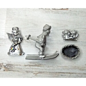 3 Vintage Pewter Figurines P Davis Skiing Boy Angel Bears in Basket *DAMAGE*